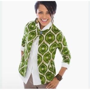 Chicos Green‎ Linen Blazer Jacket Size 0 S/M Ikat Print One Button Career Office